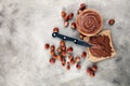 Homemade hazelnut spread in wooden bowl. Hazelnut Nougat cream Royalty Free Stock Photo