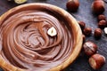 Homemade hazelnut spread in wooden bowl. Hazelnut Nougat cream Royalty Free Stock Photo