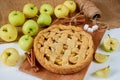 Homemade healthy american apple pie on the brown wooden board decorated with fresh apples, cinnamon and sugar cubes Royalty Free Stock Photo