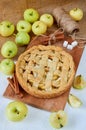 Homemade healthy american apple pie on the brown wooden board decorated with fresh apples and slices, cinnamon sticks Royalty Free Stock Photo