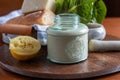Homemade caesar dressing in a glass jar. Royalty Free Stock Photo