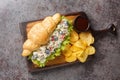 Homemade Healthy Chicken Salad Croissant Sandwich with potato chips closeup on a wooden board. Horizontal top view Royalty Free Stock Photo