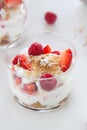 Homemade healthy dessert in a glass with yogurt, fresh fruits and cookies for breakfast Royalty Free Stock Photo