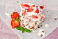 Homemade healthy frozen strawberry yogurt bark. Royalty Free Stock Photo