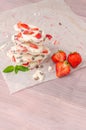 Homemade healthy frozen strawberry yogurt bark. Top view Royalty Free Stock Photo