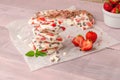 Homemade healthy frozen strawberry yogurt bark. Top view Royalty Free Stock Photo