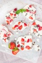 Homemade healthy frozen strawberry yogurt bark. Royalty Free Stock Photo