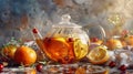 Homemade healthy hot fruit tea with fresh ripe orange, apple, mint leaves and twigs of thyme in glass teapot or kettle Royalty Free Stock Photo