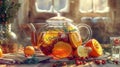 Homemade healthy hot fruit tea with fresh ripe orange, apple, mint leaves and twigs of thyme in glass teapot or kettle Royalty Free Stock Photo