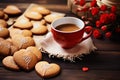 Homemade heart shaped cookies, cup of coffee and roses on the table. Valentine\'s day celebration. AI generated Royalty Free Stock Photo