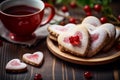 Homemade heart shaped cookies and a cup of tea or coffee on the table. Valentine\'s day celebration. AI generated Royalty Free Stock Photo