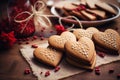 Homemade heart shaped cookies on the table, close up view. Valentine\'s day celebration. AI generated Royalty Free Stock Photo