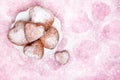 Homemade heart sheped donuts with powdered sugar on pnk background. Royalty Free Stock Photo