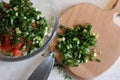 Homemade herb tomato and salad cut on the wooden board Royalty Free Stock Photo