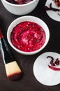 Homemade hibiscus facial mask body wrap, exfoliating scrub. Karkade DIY beauty treatment and spa recipe. Top view
