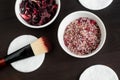 Homemade hibiscus floral bath salts, foot soak. Karkade DIY beauty treatment and spa recipe. Top view, copy space