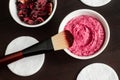 Homemade hibiscus and yogurt facial mask body wrap, exfoliating scrub. Karkade DIY beauty treatment and spa recipe. Top view