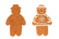 Homemade holiday bakery. Gingerbread man. Figure of smiling man in hat. Festive sweets. Christmas tradition. Isolated on white Royalty Free Stock Photo