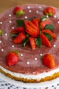 Homemade holiday strawberry cake with cottage cheese cream