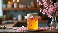Homemade honey in jar with cherry blossoms on rustic kitchen table Royalty Free Stock Photo