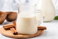 homemade horchata in a clear jug with condensation on outside