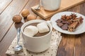 Homemade hot chocolate and marshmallow, spice with walnut Royalty Free Stock Photo