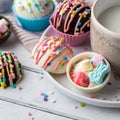 Homemade hot cocoa bombs for Easter with a mug of milk