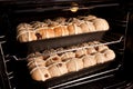 Homemade hot cross buns baking in oven Royalty Free Stock Photo