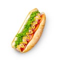 Homemade Hot Dog with mustard, ketchup, tomato and fresh salad leaves isolated on white background Royalty Free Stock Photo