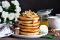 Homemade, hot pancakes with banana, honey and nuts Royalty Free Stock Photo