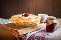 Homemade hot pancakes with jam. Rustic style, crepes closeup Royalty Free Stock Photo