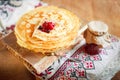 Homemade hot pancakes with jam. Rustic style, crepes closeup Royalty Free Stock Photo