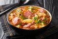 Homemade hot sauerkraut soup with borlotti beans, potatoes and sausages close-up in a bowl. horizontal