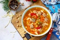 Homemade Hot Soup with pasta, turkey meatballs and Peas Chickpeas. Royalty Free Stock Photo