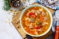 Homemade Hot Soup with pasta, turkey meatballs and Peas Chickpeas. Royalty Free Stock Photo