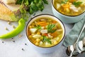 Homemade Hot Soup with Vegetables, Chicken and Peas Chickpeas. Eastern cuisine. Royalty Free Stock Photo