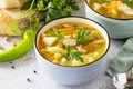 Homemade Hot Soup with Vegetables, Chicken and Peas Chickpeas. Eastern cuisine. Royalty Free Stock Photo