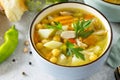 Homemade Hot Soup with Vegetables, Chicken and Peas Chickpeas. Eastern cuisine. Royalty Free Stock Photo