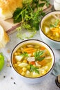 Homemade Hot Soup with Vegetables, Chicken and Peas Chickpeas. Eastern cuisine. Royalty Free Stock Photo