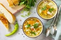 Homemade Hot Soup with Vegetables, Chicken and Peas Chickpeas. Eastern cuisine. Royalty Free Stock Photo