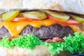 Homemade huge giant cheeseburger for burger party, closeup horizontal Royalty Free Stock Photo