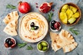 Middle Eastern traditional dinner. Authentic arab cuisine. Meze party food. Top view, flat lay, overhead.