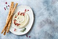 Homemade hummus with pomegranate, thyme, olive oil and pine nuts with grissini bread sticks. Middle Eastern traditional cuisine