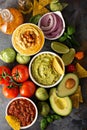 Homemade hummus, salsa and guacamole with corn chips Royalty Free Stock Photo