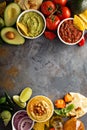 Homemade hummus, salsa and guacamole with corn chips Royalty Free Stock Photo