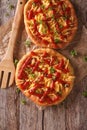 Homemade Hungarian langos with cheese and ketchup close-up. Vert