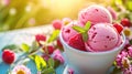 Homemade ice cream with berry flavor, served in white bowls decorated with fresh mint leaves, berries, light background