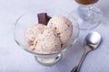 Homemade ice cream with chocolate chips in a bowl. Three balls of ice cream and a cup with coffee. Royalty Free Stock Photo