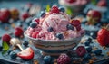 Homemade ice cream with fresh berries in bowl on dark background Royalty Free Stock Photo