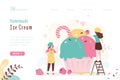 Homemade ice cream, landing page template. Girls decorates ice-cream with sprinkles and berries. Female workers preparing frozen